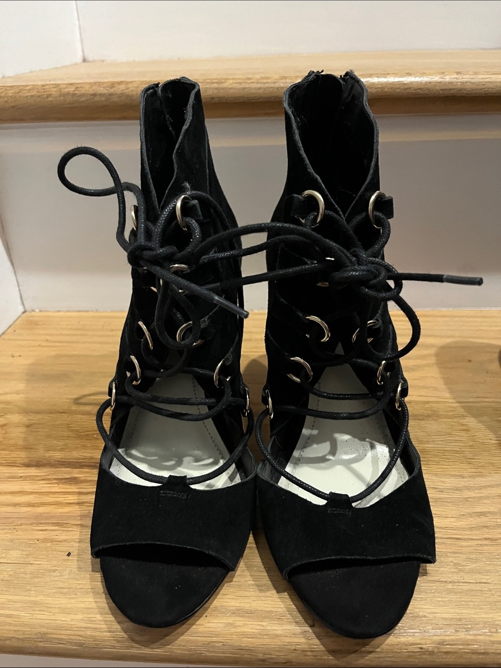 BCBG Black Suede Lace-Up Peep Toe Heels